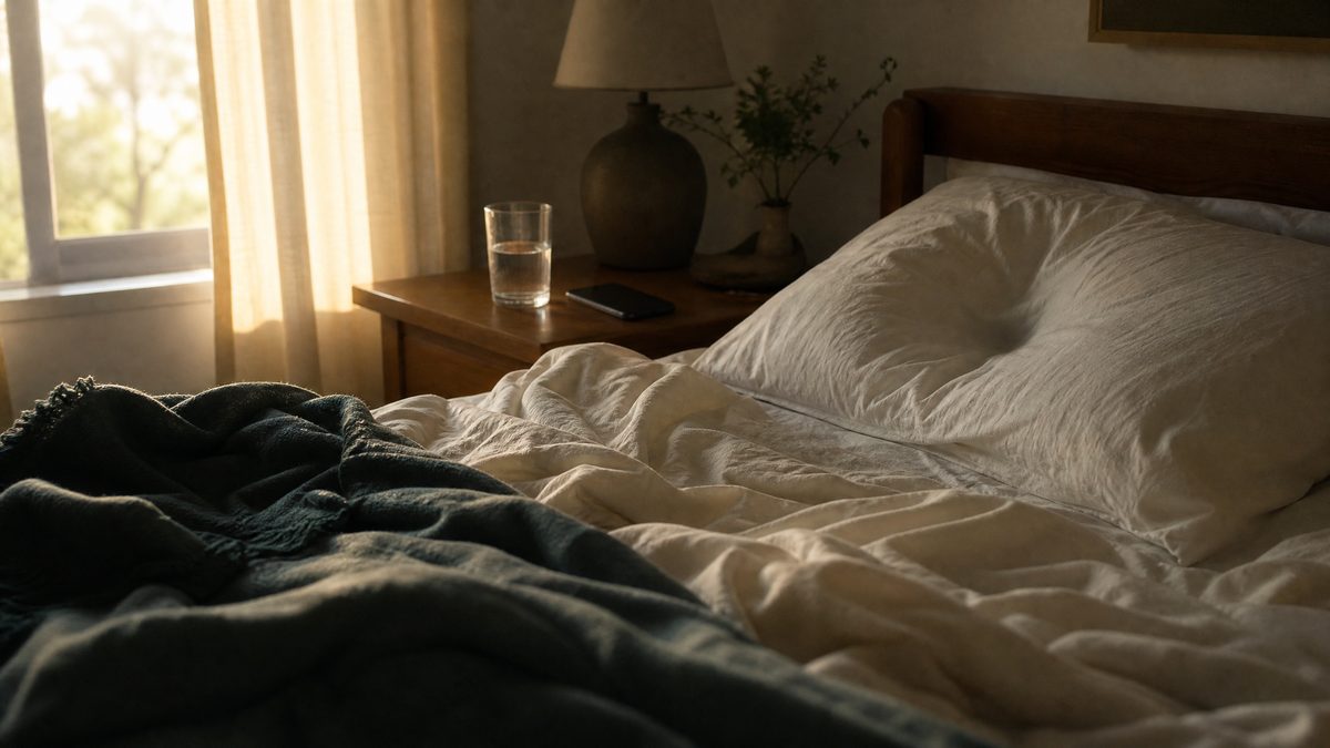 Rumpled bed at dawn with an indented pillow and half-drunk glass of water after a restless anxious night