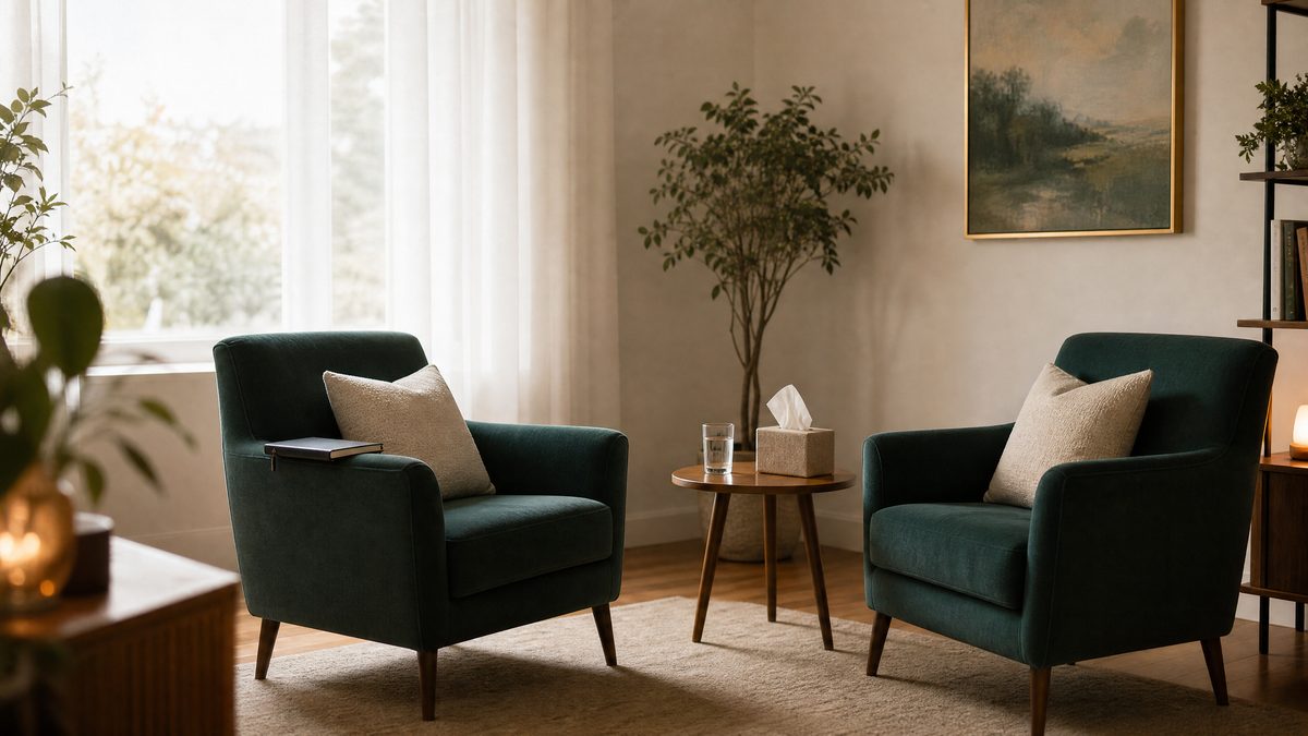 Calm counselling room with two facing chairs at equal distance, water and tissues on a small table between them