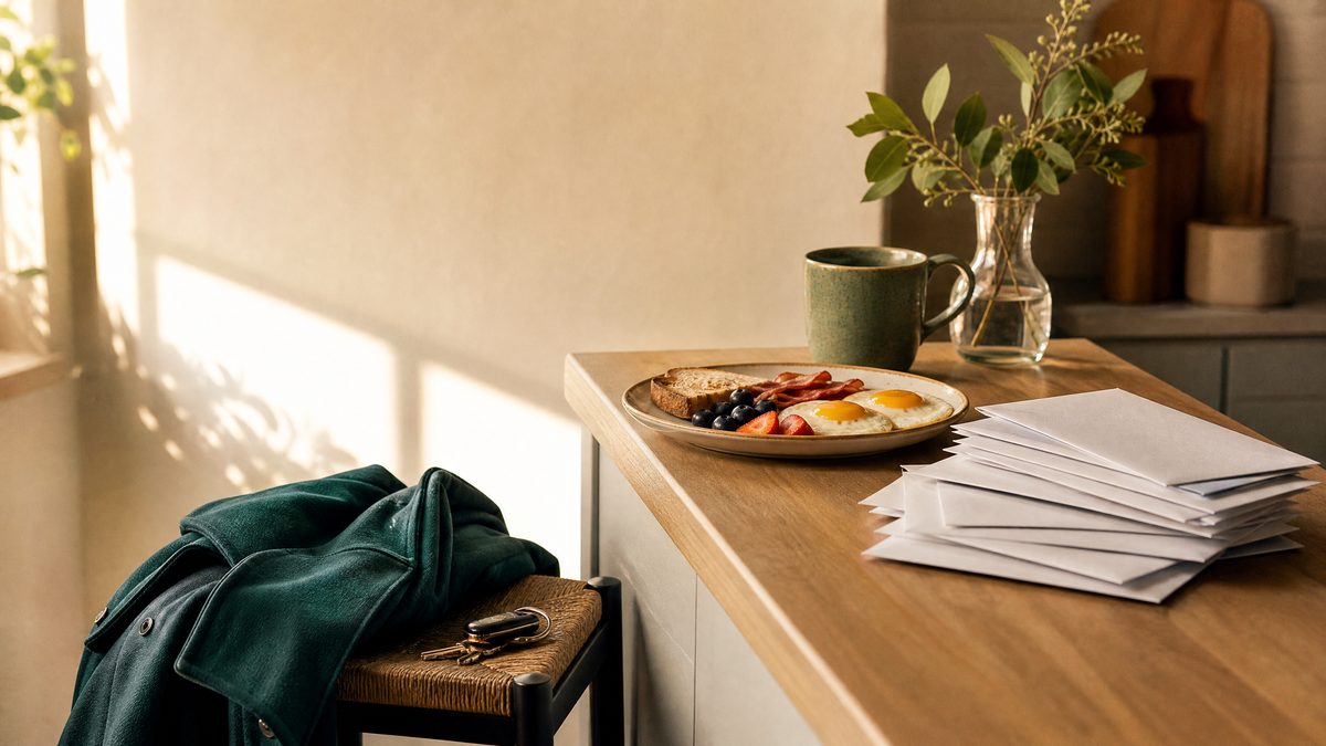 Kitchen counter with a stack of unopened envelopes, an untouched breakfast, and keys and coat left behind