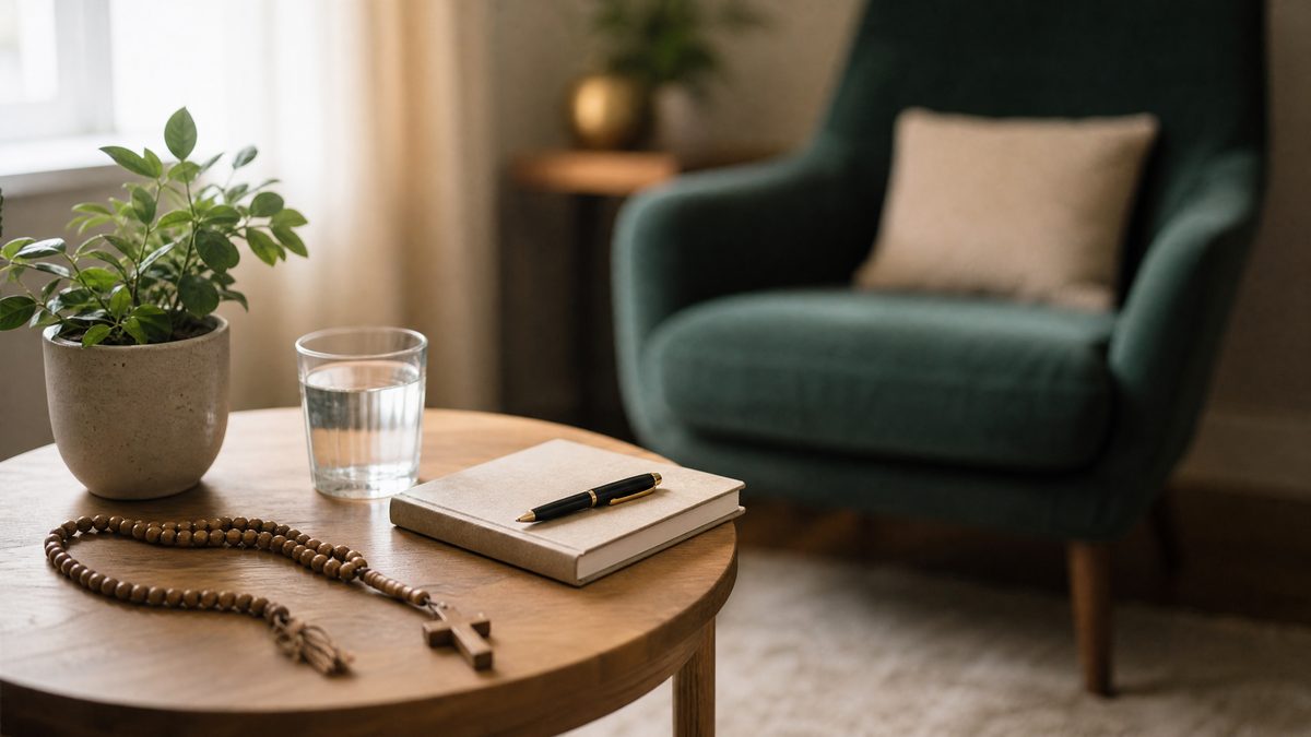 Counselling room side table with a wooden rosary set quietly beside a notebook, water and a plant