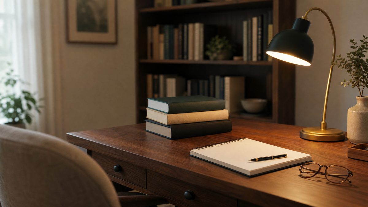 Therapist's desk with clinical reference books, a blank notepad, reading glasses and a lit desk lamp