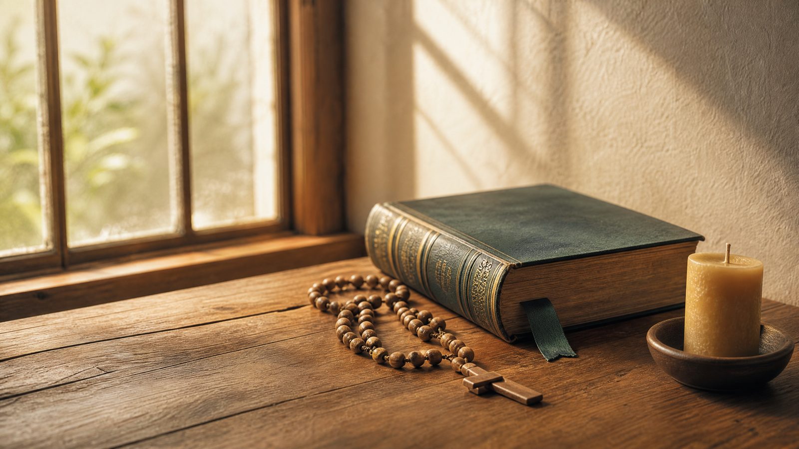 Worn leather book, wooden rosary and unlit beeswax candle on a sunlit windowsill representing Catholic psychotherapy