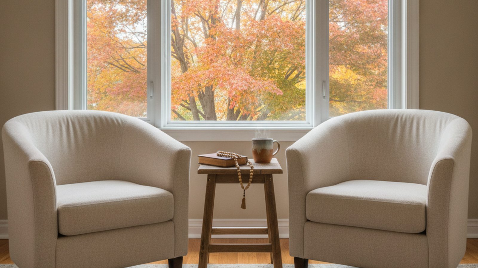 Two cream armchairs facing each other in a sunlit room, with a book, a wooden rosary and a cup of tea on a small table between them and autumn maples outside the window