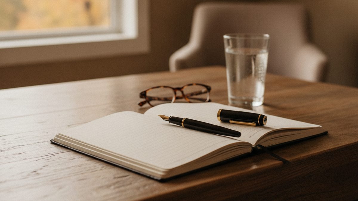 An open notebook with a fountain pen, reading glasses and a glass of water on a wooden desk by a window