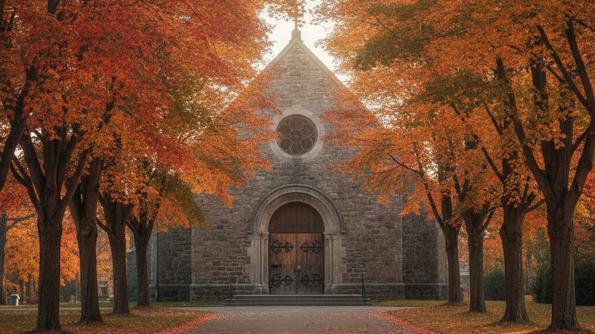 A stone parish church with arched wooden doors at the end of a path lined with red and orange maple trees in autumn