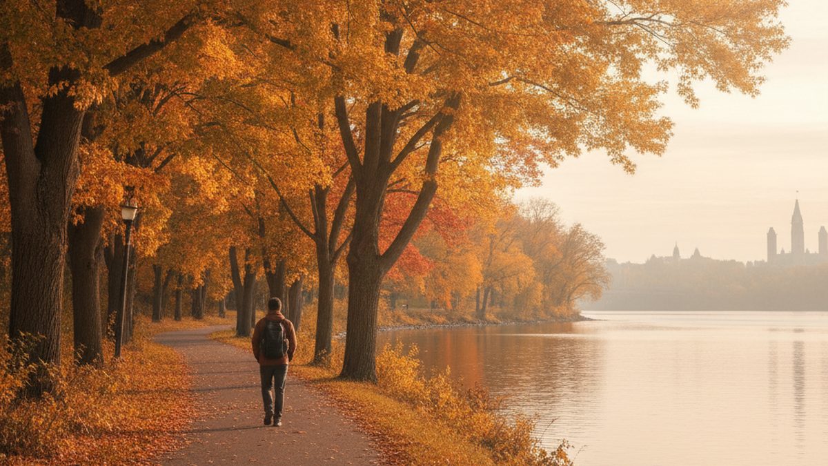 A person seen from behind walking along a riverside path under golden autumn trees, with a city skyline in the distance