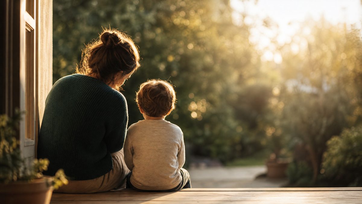 Parent and child sitting side by side on a step in warm afternoon light, viewed from behind during a calm conversation