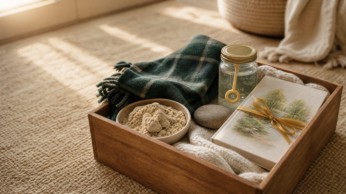 Child's calming toolbox holding kinetic sand, a soft flannel blanket, bubbles, a grounding stone and a picture book