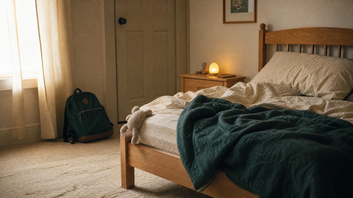 Child's bedroom in early morning with rumpled bedding, a night light still on and an untouched school backpack by the door