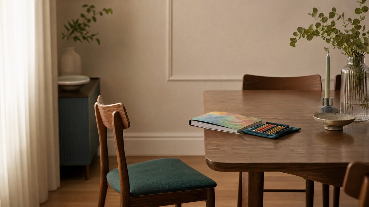 Child's sketchbook and coloured pencils at an overly orderly dining table with one chair drawn back