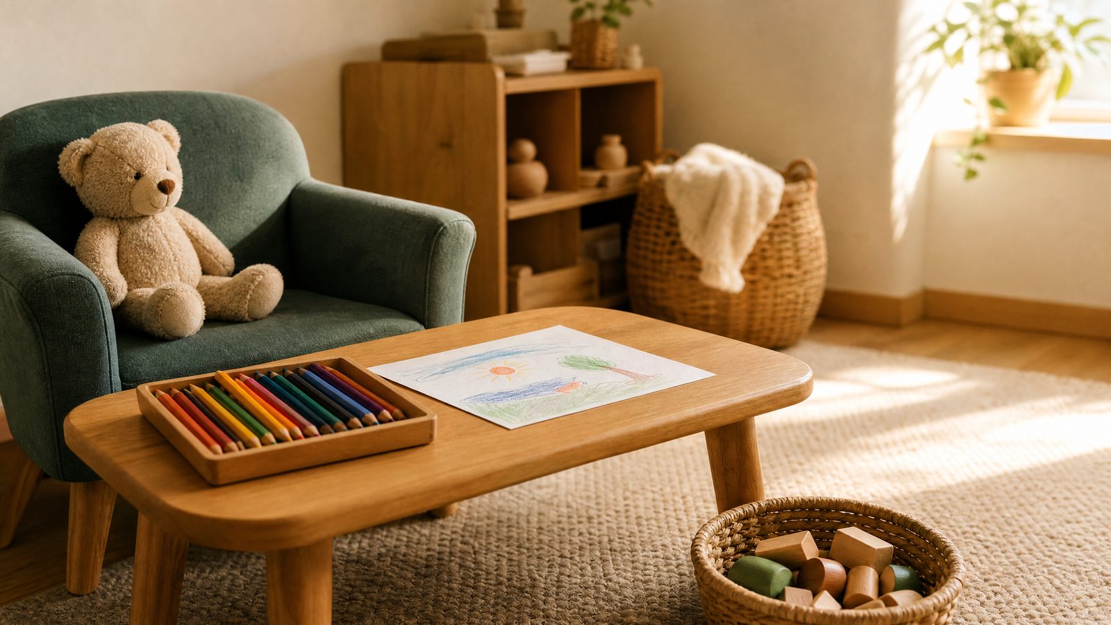 Child-friendly counselling space with a low table, colouring pencils, a plush bear and a child-sized armchair