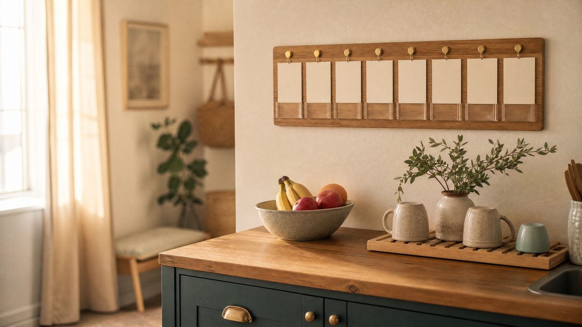 Family kitchen with a blank weekly routine chart on the wall, fruit bowl and drying mugs, representing predictable structure at home