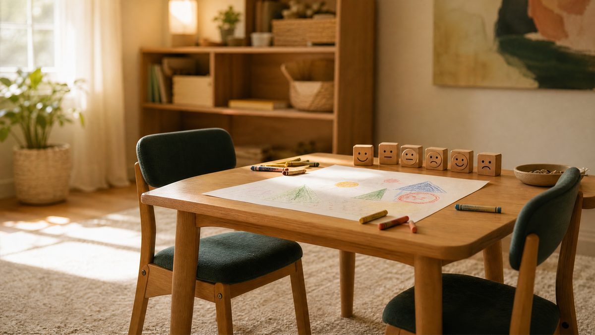 Low therapy table with an in-progress crayon drawing, scattered crayons and wooden emotion-face blocks between two child-sized chairs