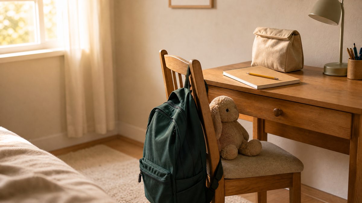 Child's bedroom desk with a zipped backpack, unopened lunch bag and closed homework notebook, suggesting school avoidance