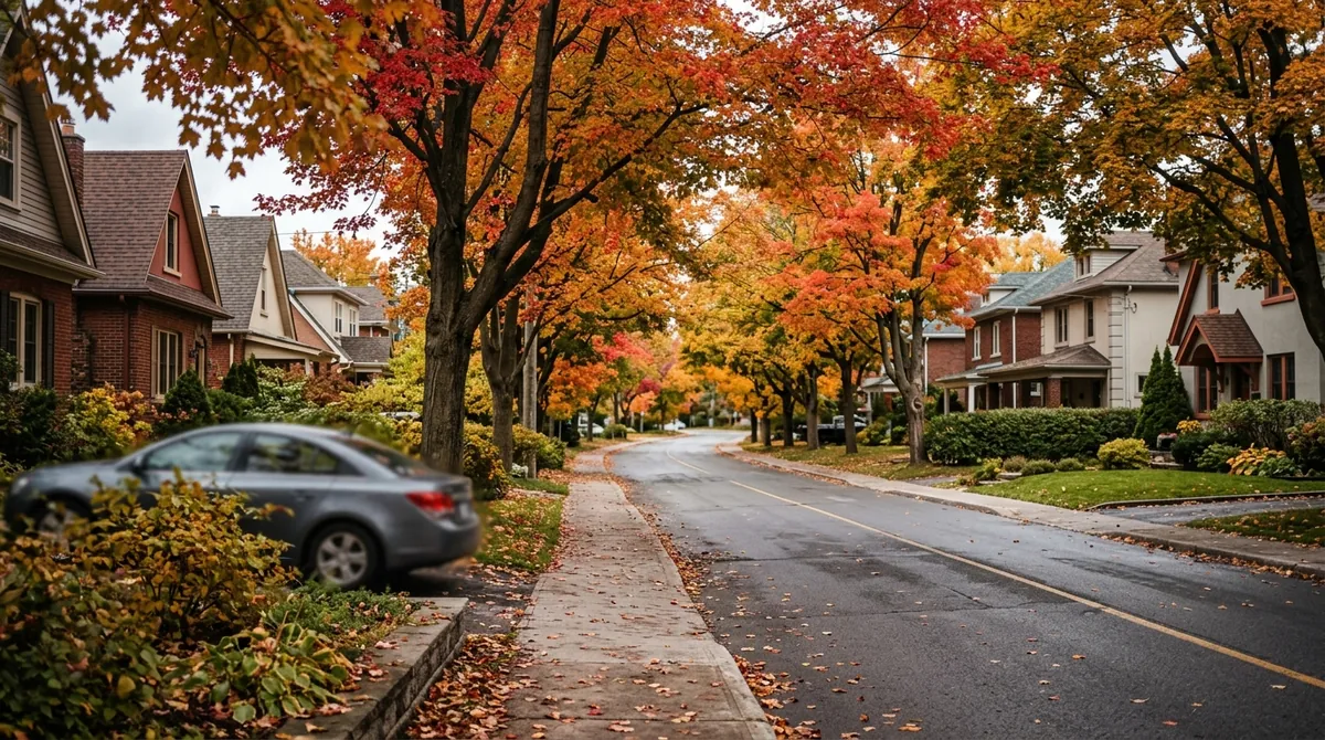 A quiet suburban street in Ottawa lined with red and yellow maple trees in autumn
