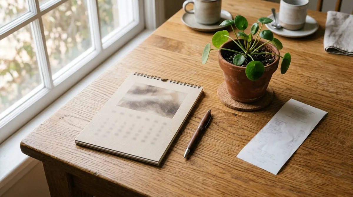 A paper calendar, a pen and a small plant on a kitchen table in morning light