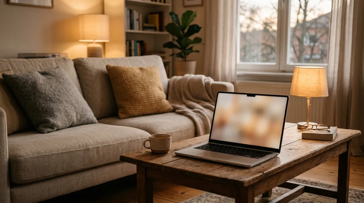 A laptop on a coffee table facing a sofa with two cushions, set up for a video couples session