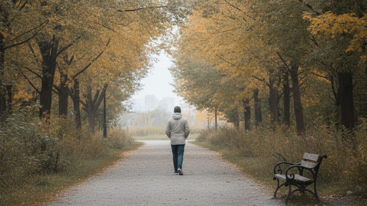 A person seen from behind walking alone along a tree-lined park path in early autumn