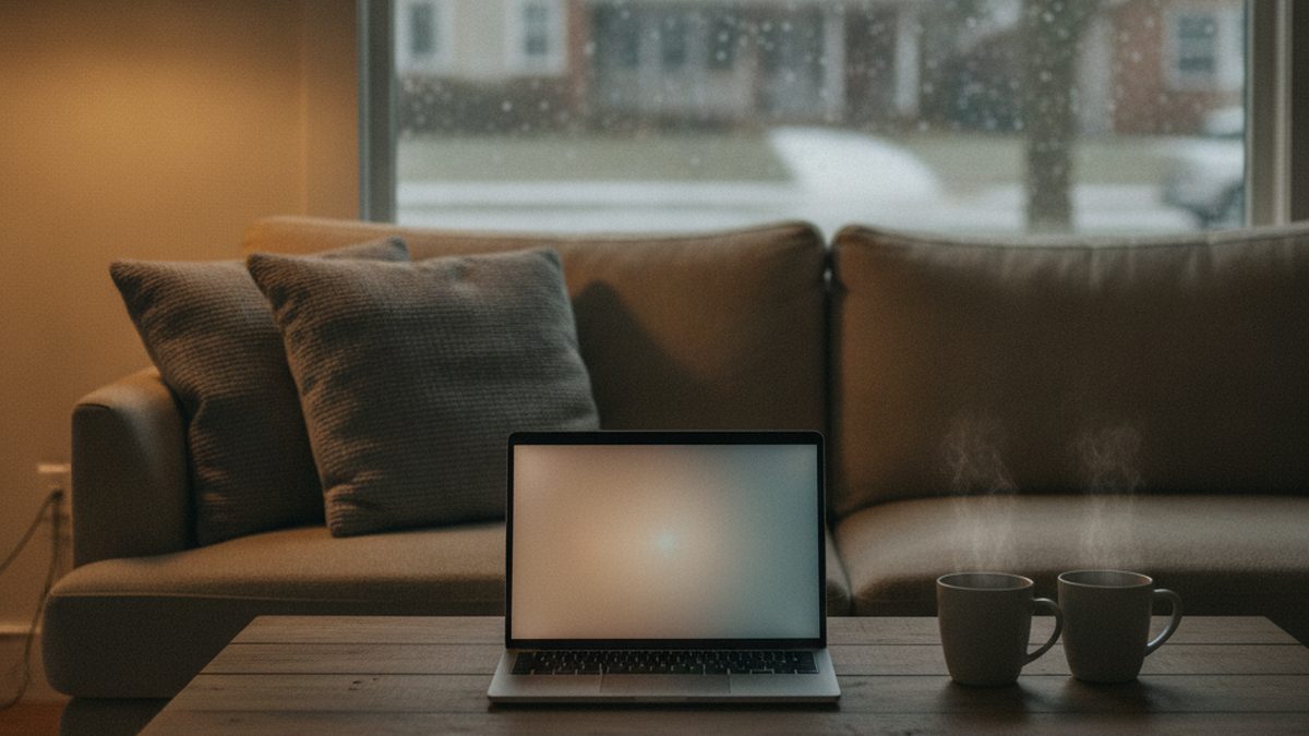 A laptop on a coffee table beside two mugs of tea in a warm living room, snow falling on the street outside
