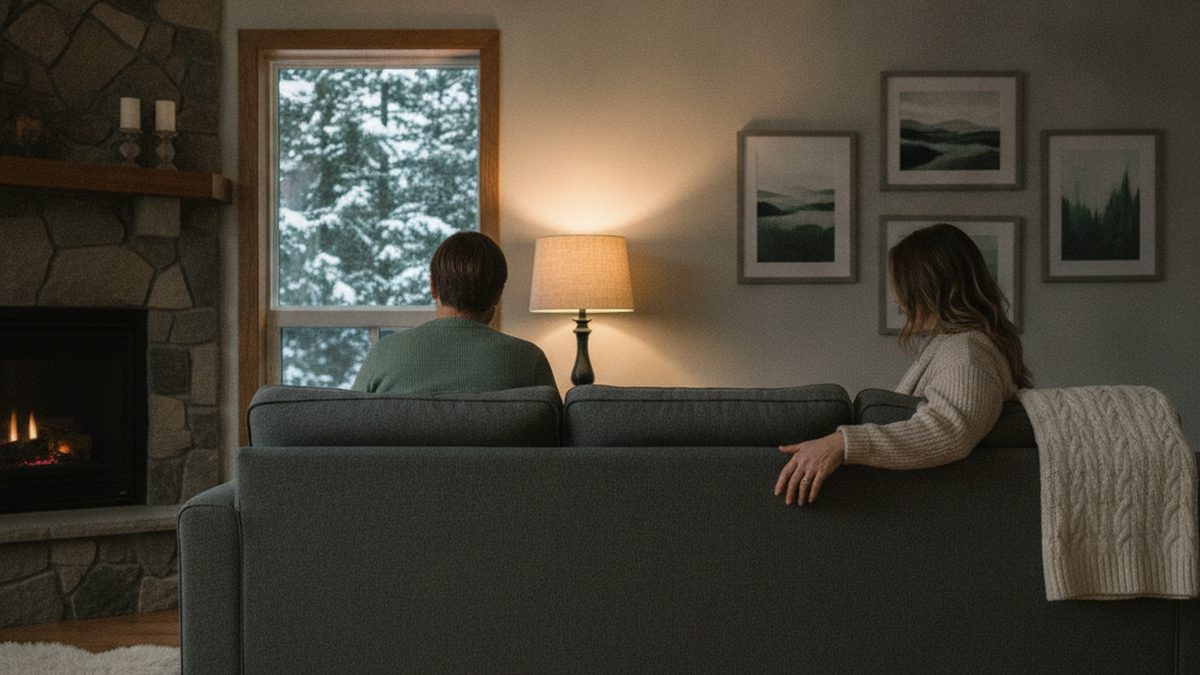 A couple seen from behind sitting at opposite ends of a sofa in evening lamplight, a wide gap between them