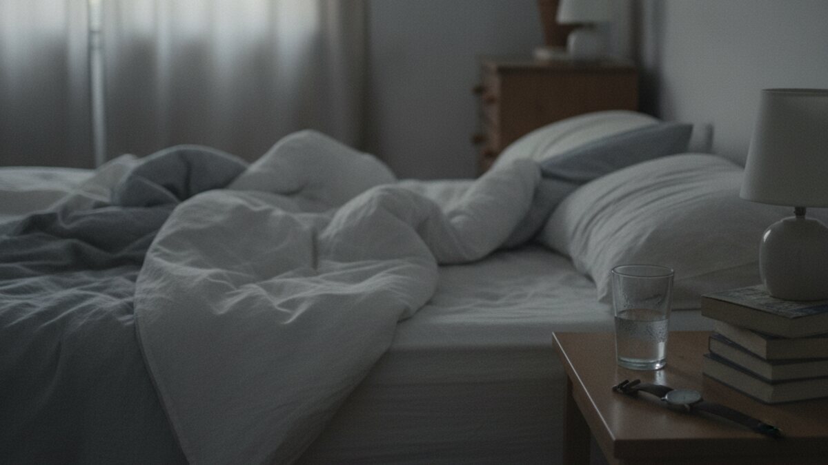 Bedroom in grey early morning light with curtains half drawn and a glass of water on the bedside table