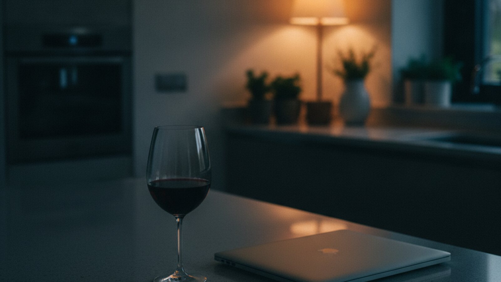 Single glass of red wine on a kitchen counter in the evening beside an open laptop, with the rest of the room in soft shadow