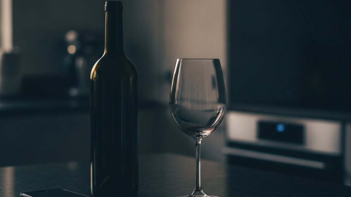 Kitchen counter at night with an empty wine glass, a closed bottle and a phone face down beside them