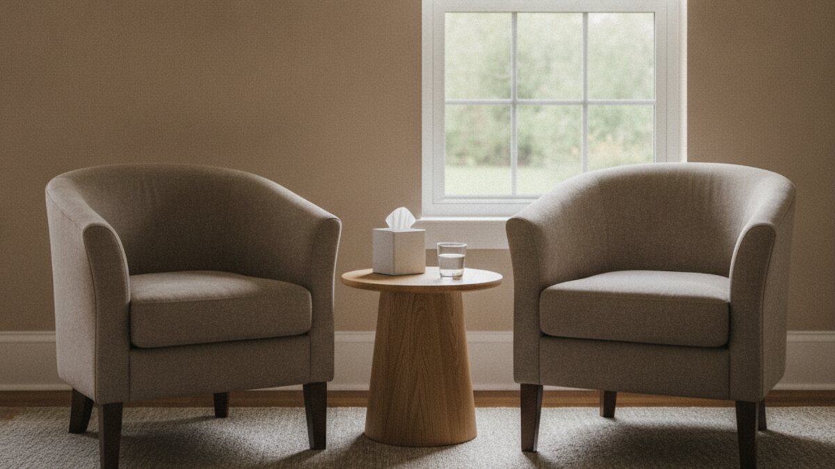 Two armchairs facing each other in a quiet counselling room with a side table and a window to one side