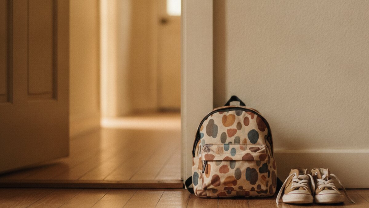 Child's backpack and a pair of small shoes by a front door with warm hallway light behind