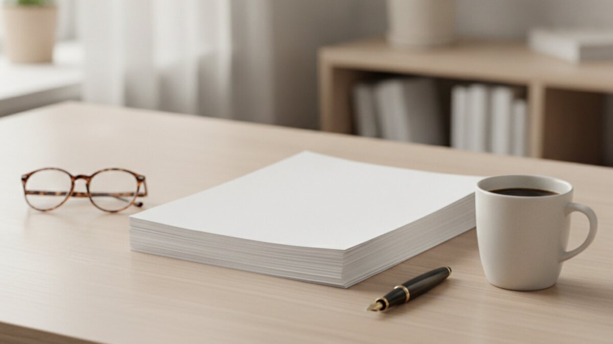 Neat stack of plain unmarked documents and a pen on a wooden desk beside a mug, in soft daylight
