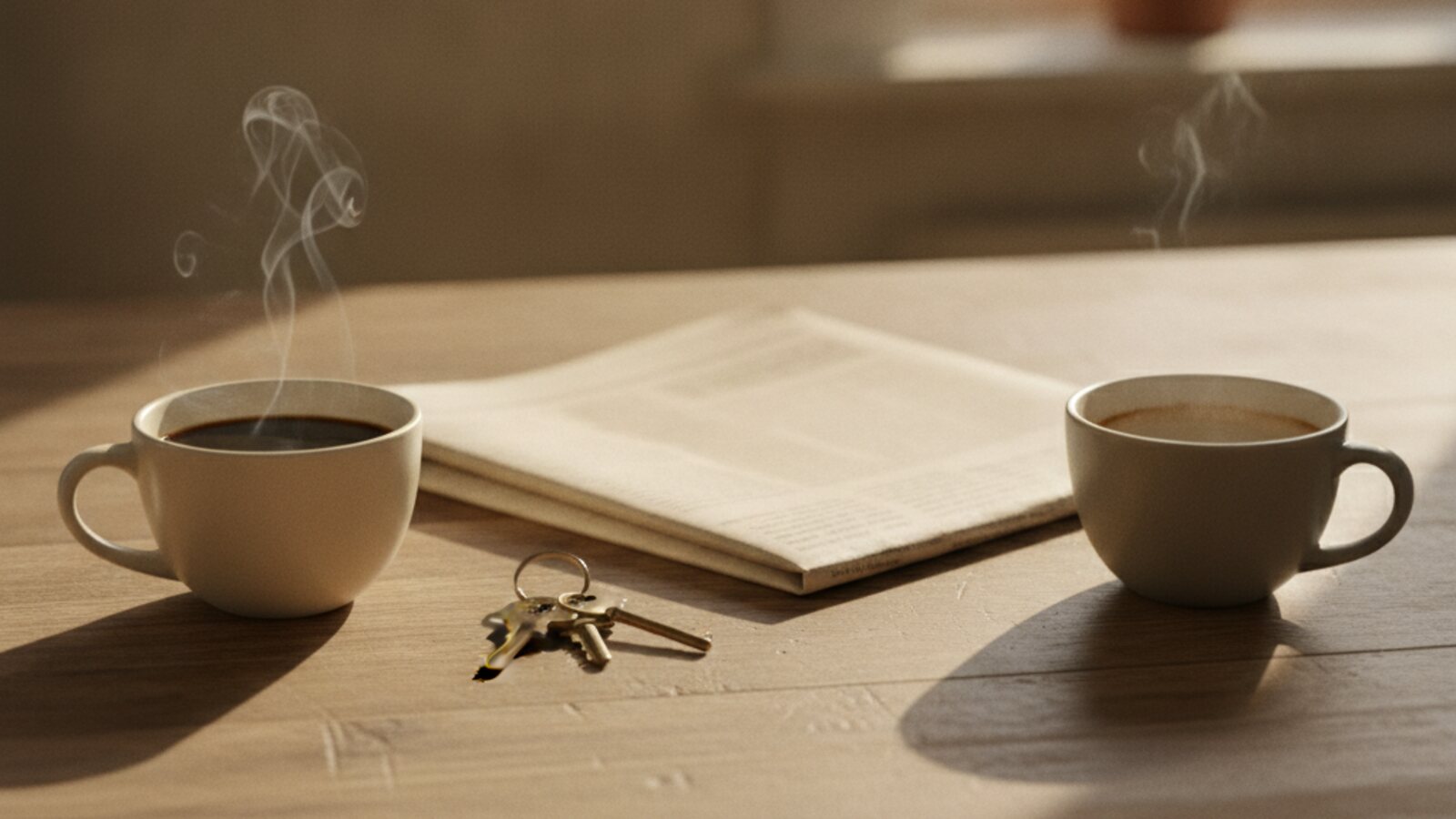 Two coffee cups on a kitchen table in morning light with a folded newspaper and a set of keys between them