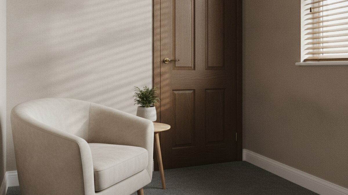 Quiet counselling room with two chairs, a closed door and a window with the blind partly lowered
