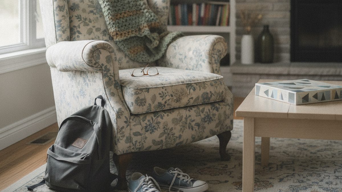 A shared family living room with a grandparent's armchair and reading glasses beside a teenager's backpack and sneakers
