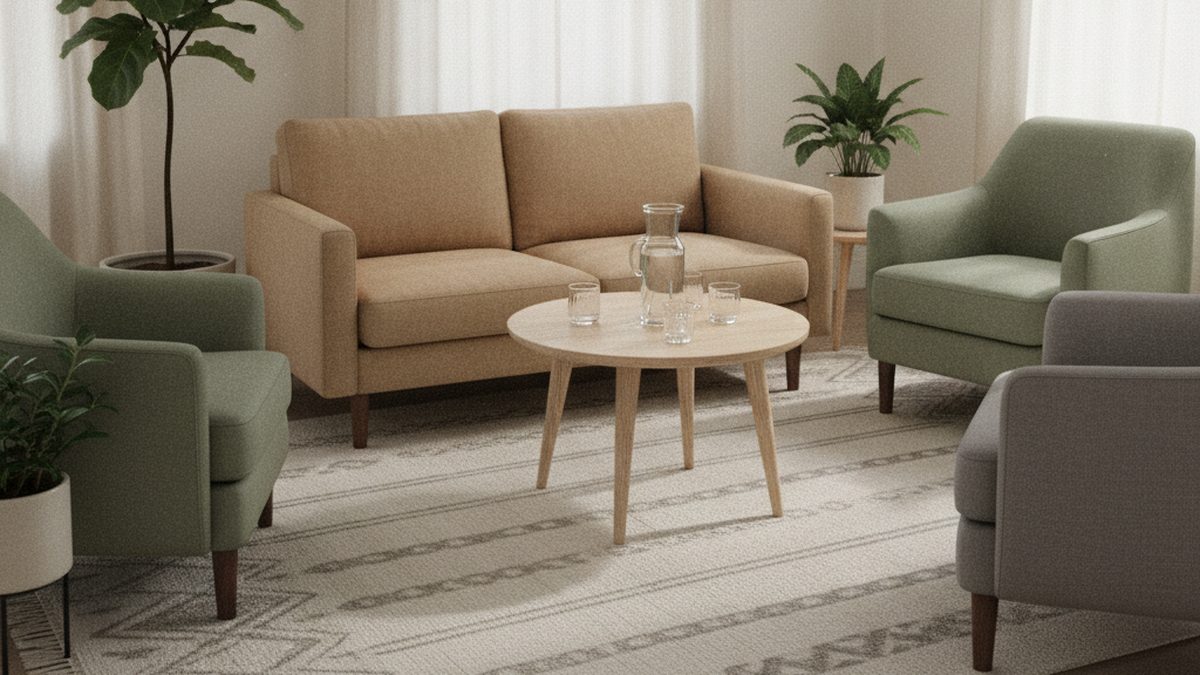 A bright, calm sitting room with a sofa and armchairs arranged in a loose circle around a low table with water glasses