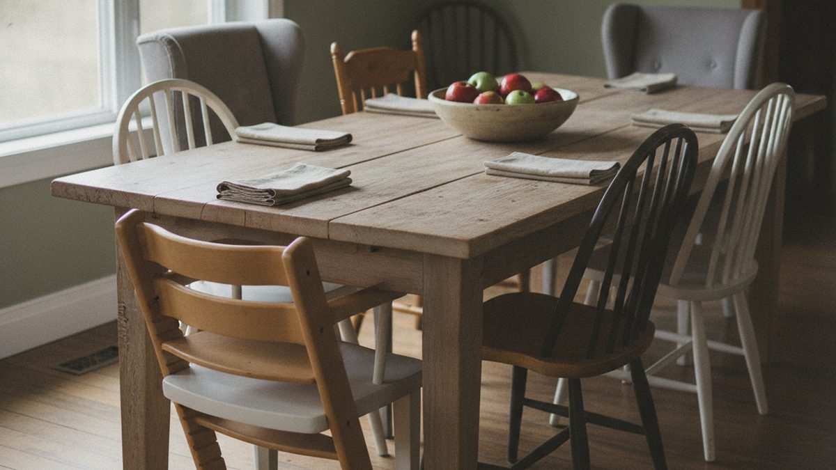 A family dining table surrounded by mismatched chairs, including a child's high chair, in soft daylight