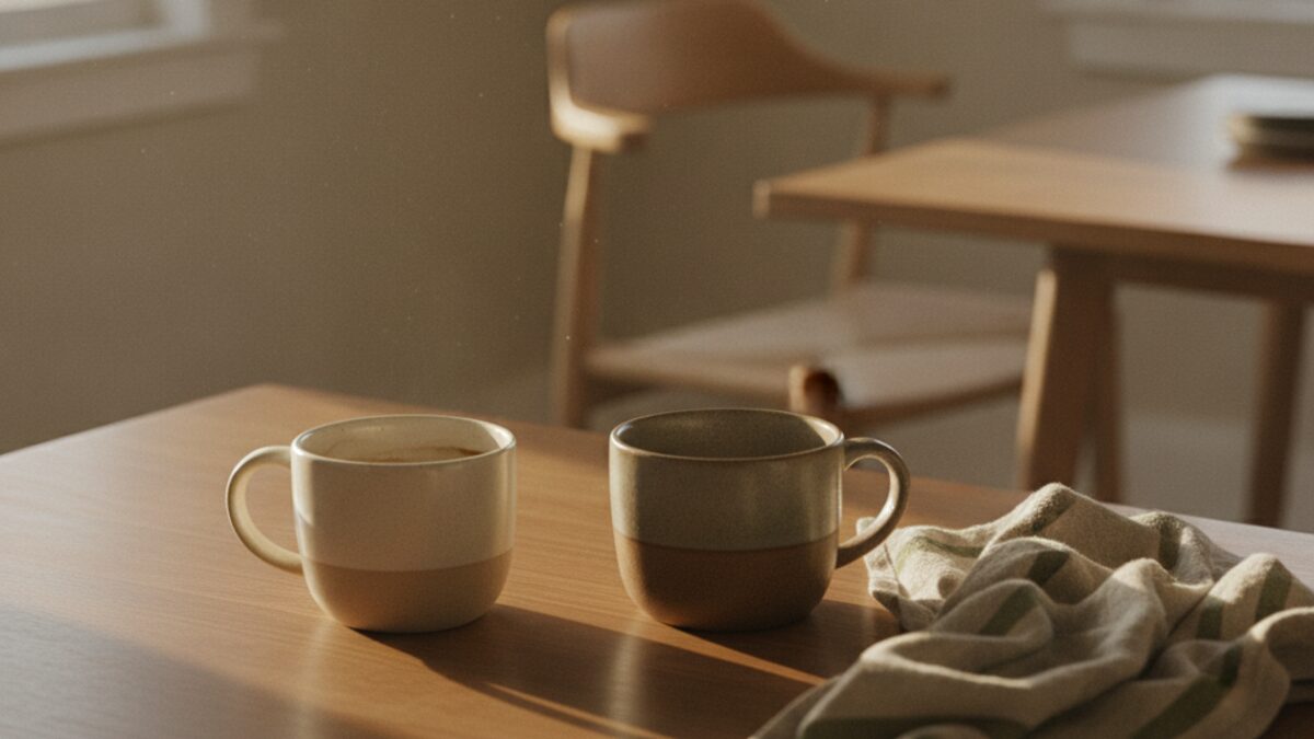 Two mugs on a kitchen table in warm afternoon light, one half finished and one untouched, with a chair pushed back in the background