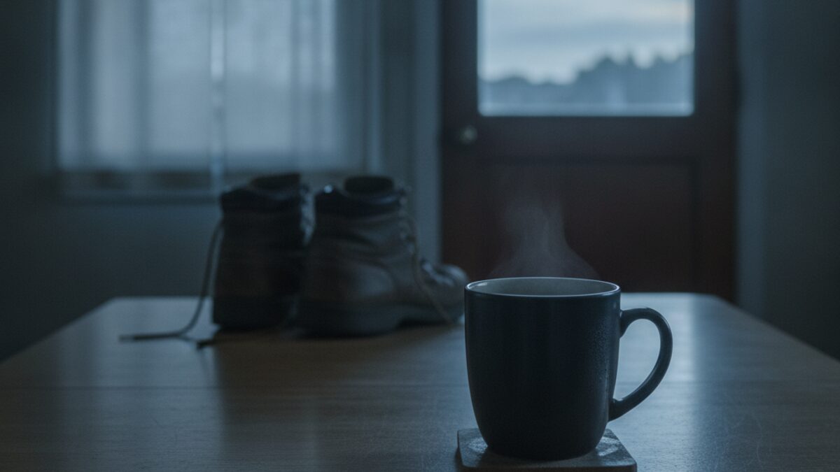 Kitchen table before dawn with an untouched mug of coffee and work boots by the back door in blue pre-sunrise light