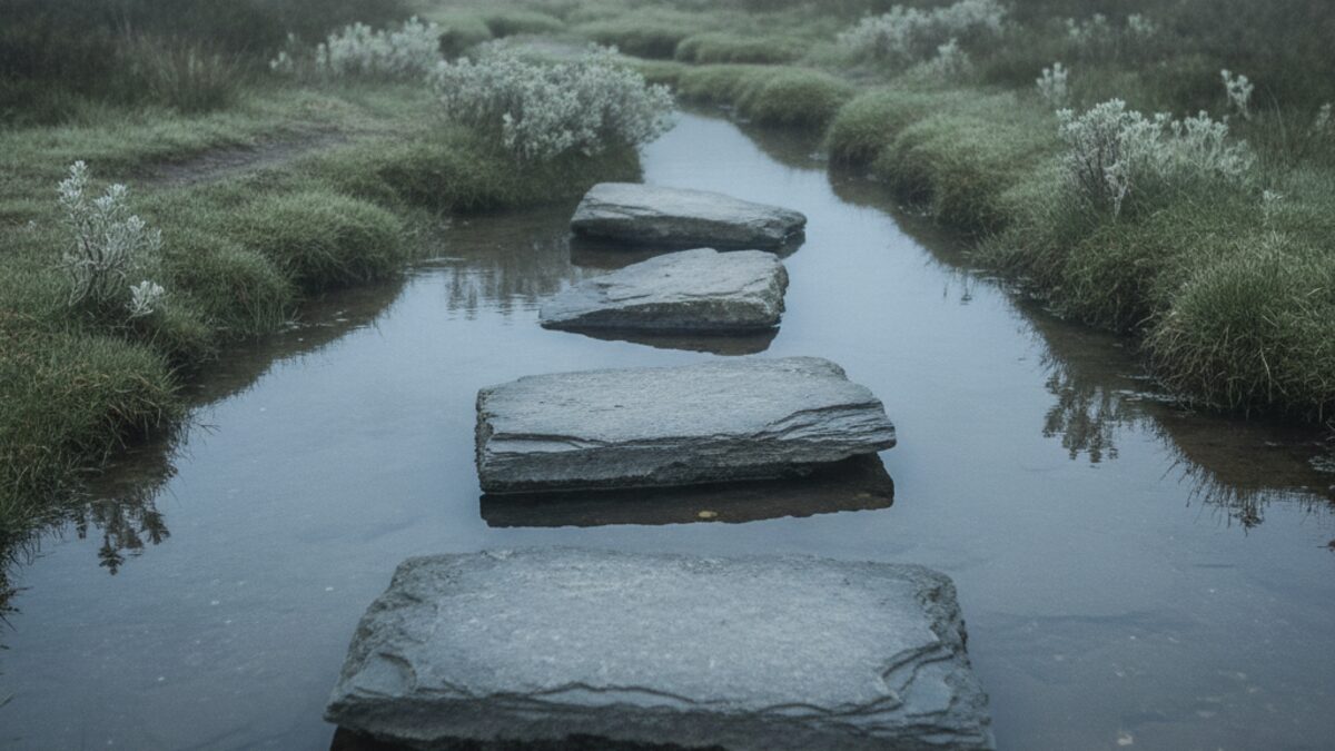 Three flat stepping stones crossing a shallow, still stream in sequence through morning mist