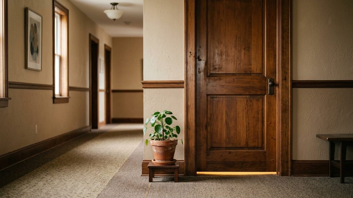 A closed office door with soft light coming from beneath it in a quiet hallway