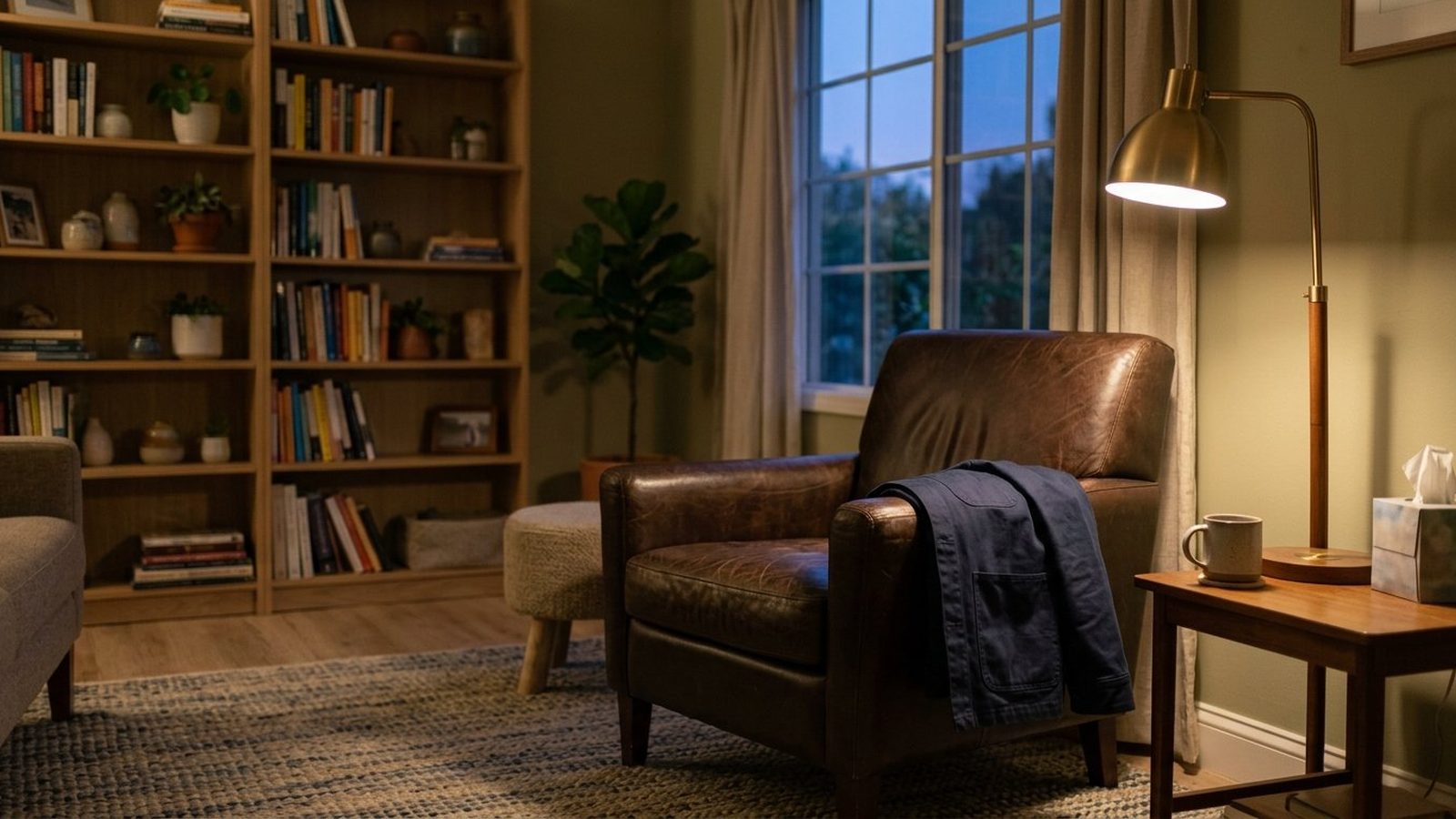 A quiet therapy office at dusk with an empty armchair, a reading lamp switched on and a folded jacket draped over the chair arm