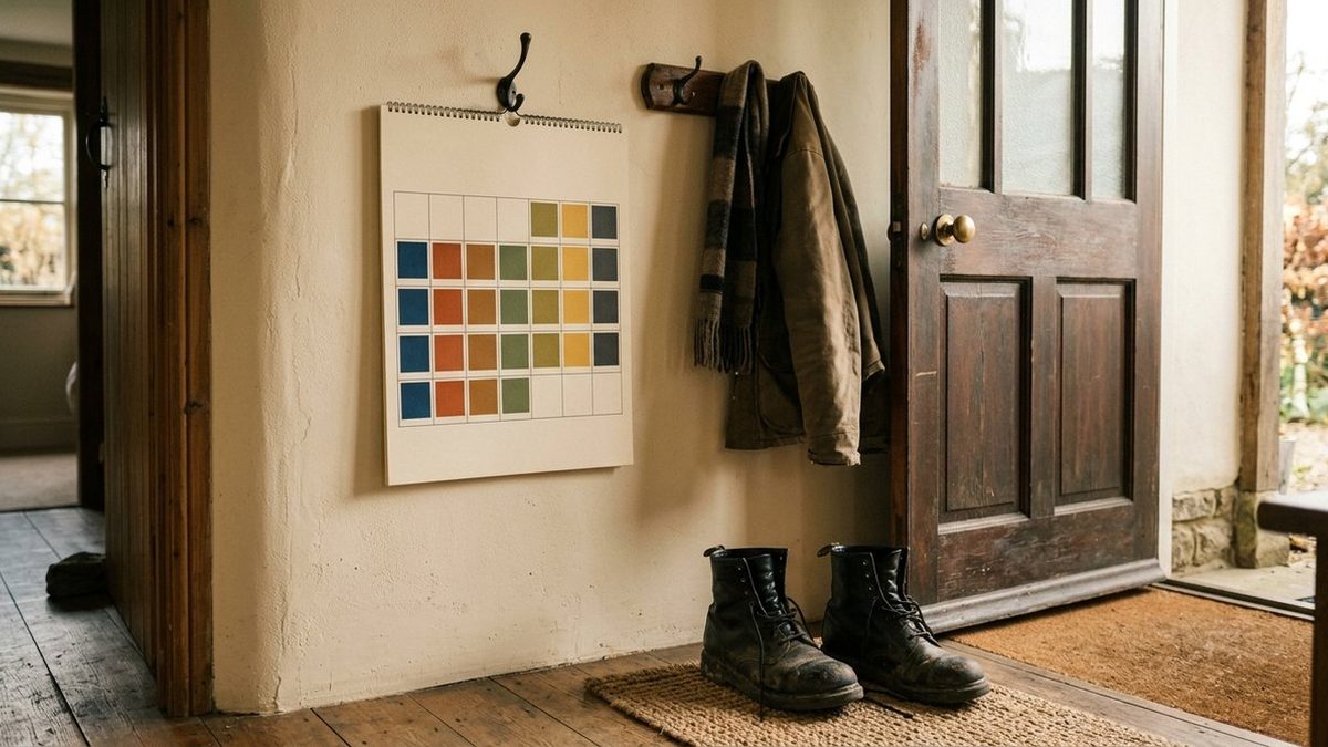 A wall calendar with coloured shift blocks beside a pair of work boots by a front door