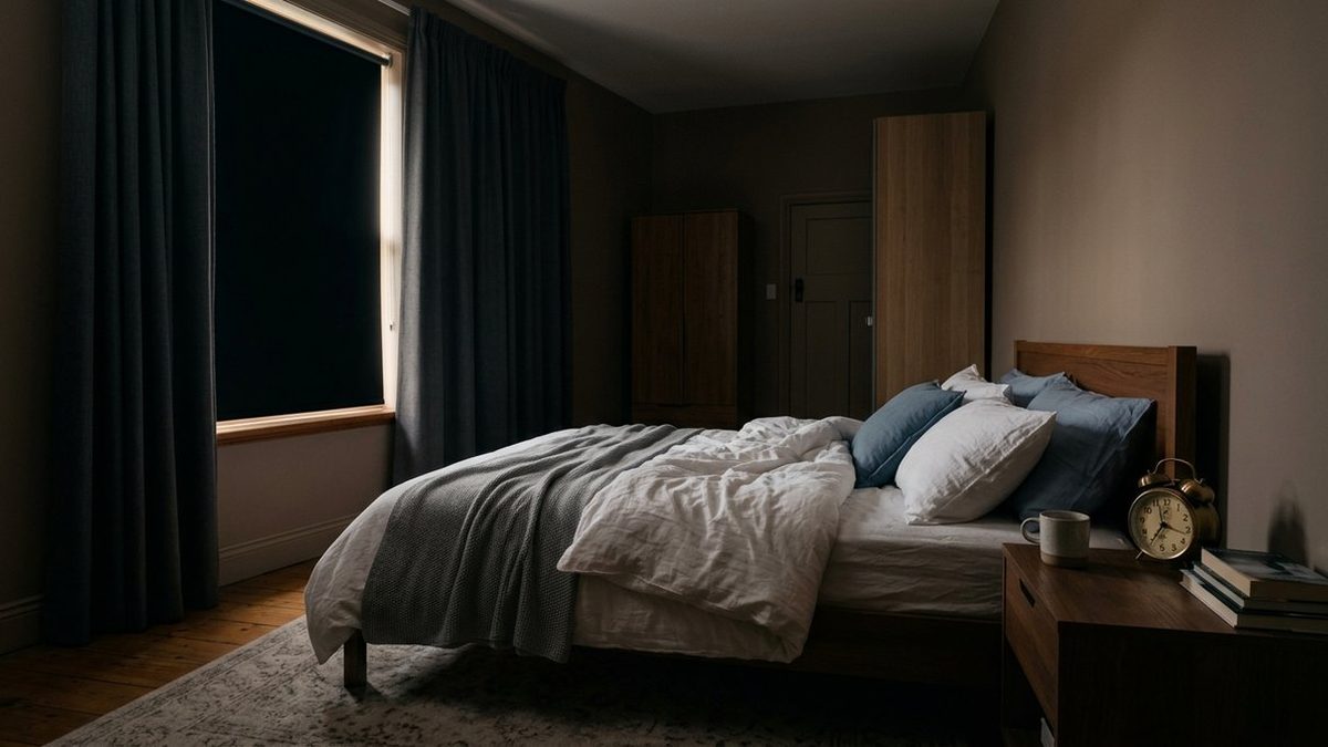A dim bedroom at early morning with blackout curtains slightly open and an alarm clock on the nightstand