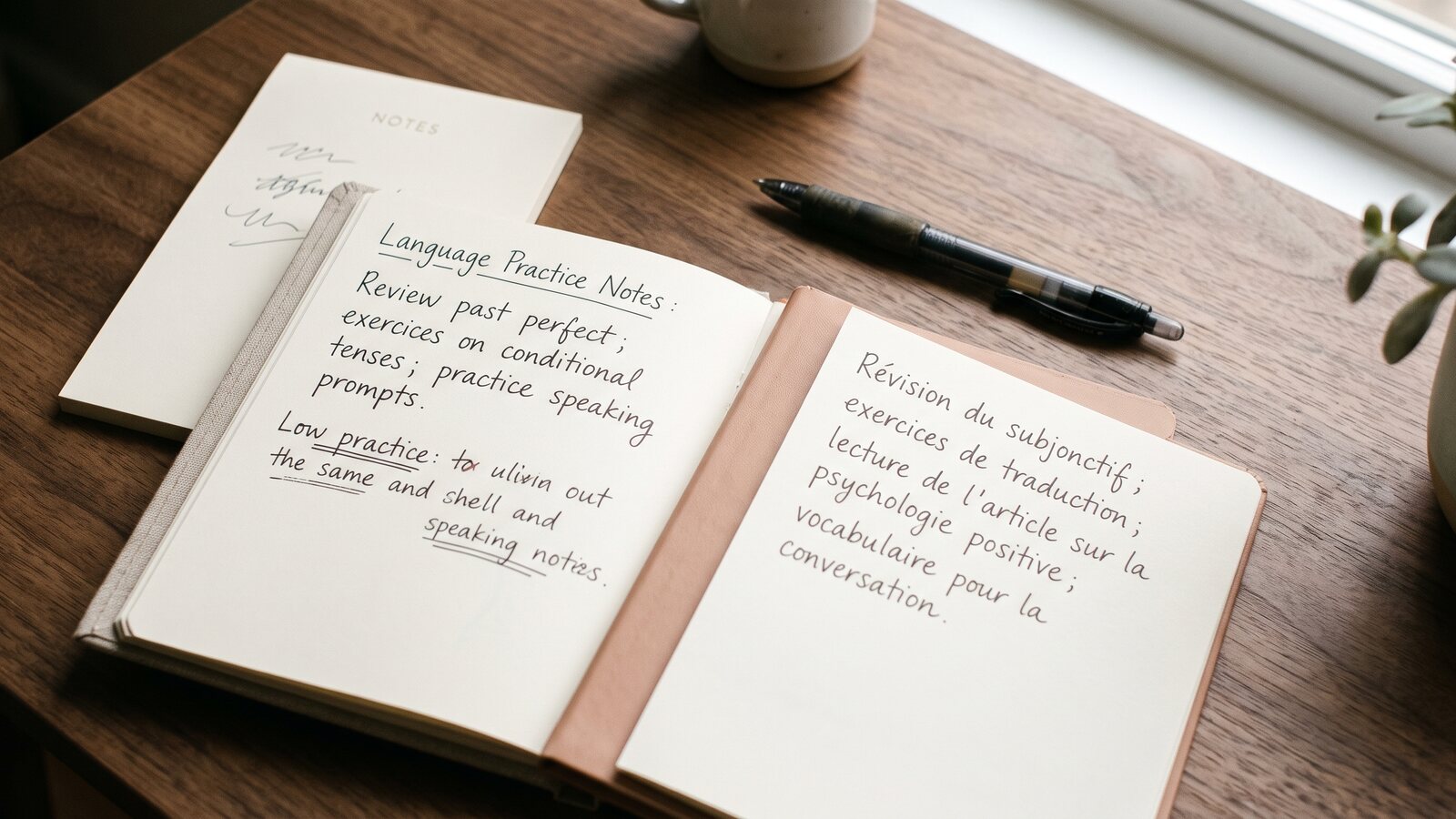 Open notebook with facing pages of handwritten notes, one in English and one in French, on a wooden desk