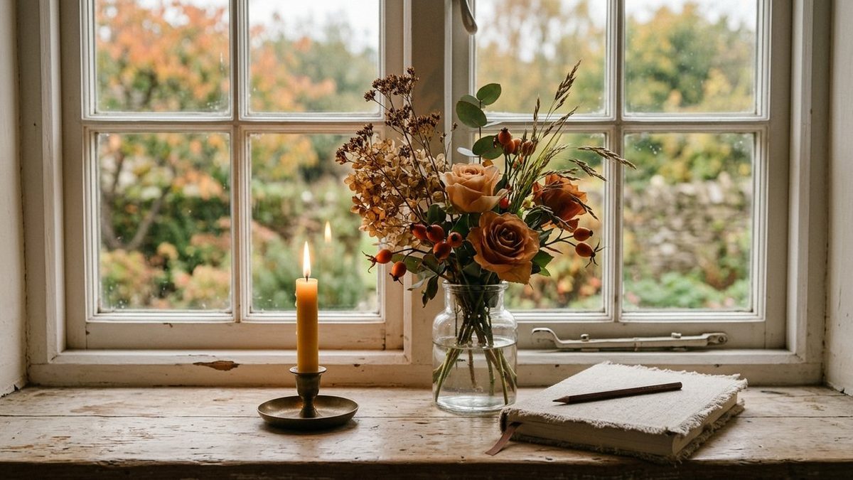 A lit candle beside a small vase of autumn flowers and a closed notebook on a wooden windowsill
