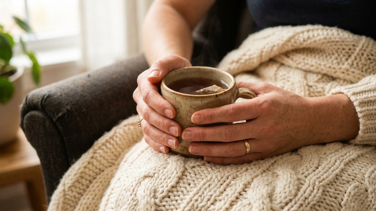 Hands holding a warm mug of tea, resting on a knitted blanket in an armchair, face out of frame