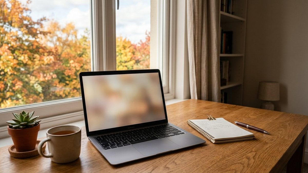 A laptop open on a tidy home desk beside a window with autumn trees, ready for a secure video session