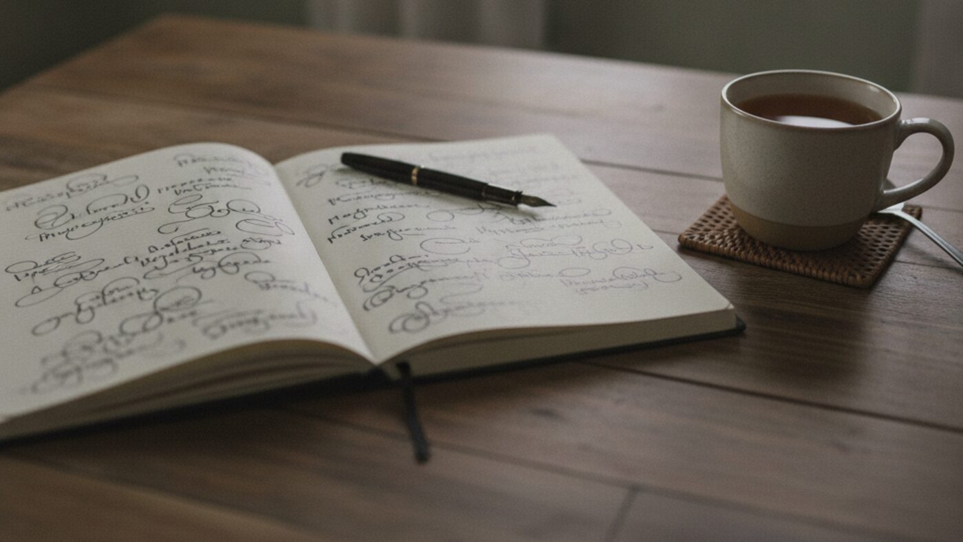 An open handwritten notebook on a kitchen table in warm evening light