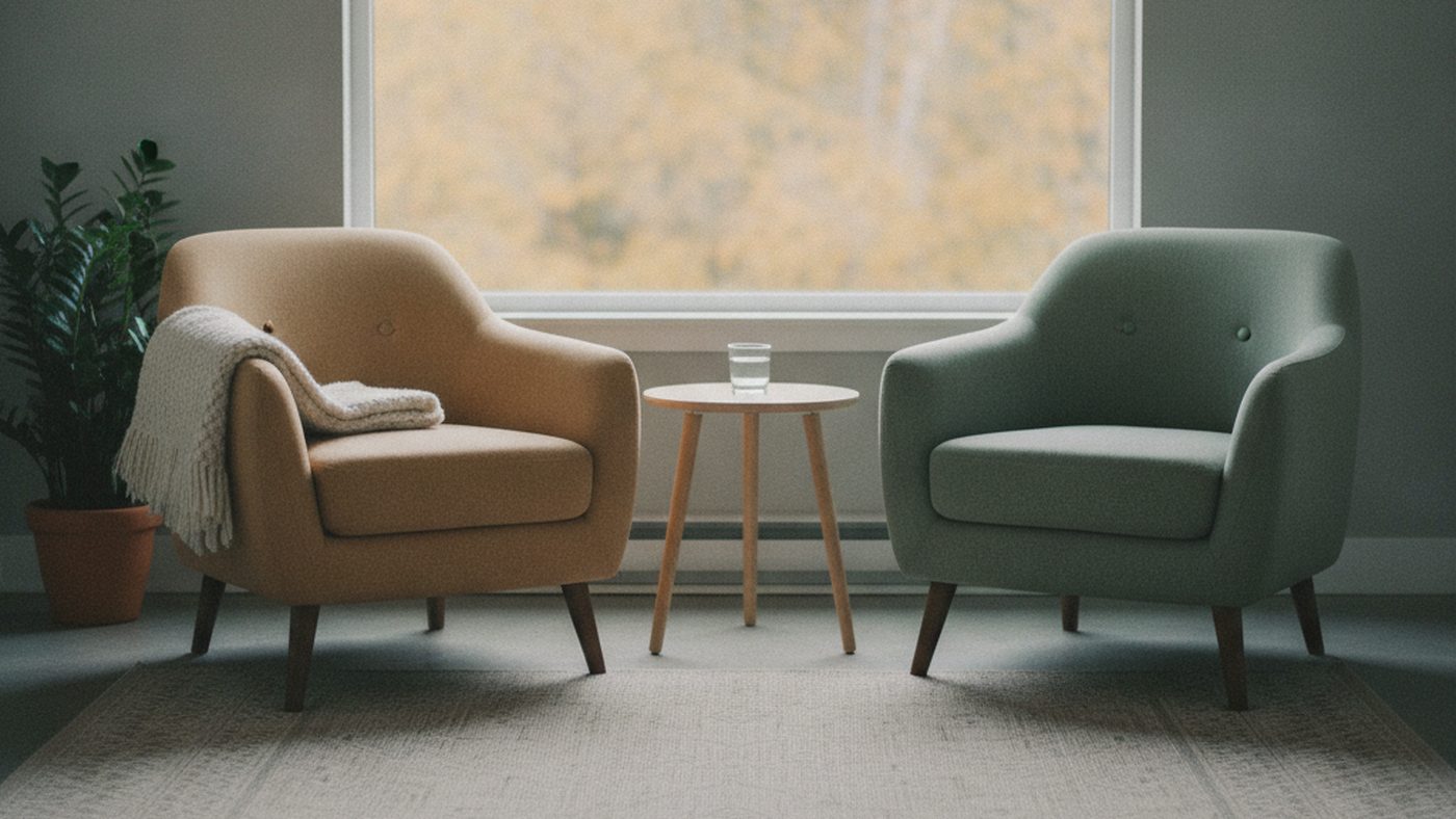 Two armchairs facing each other across a small side table with a glass of water in a quiet counselling room, autumn trees beyond the window