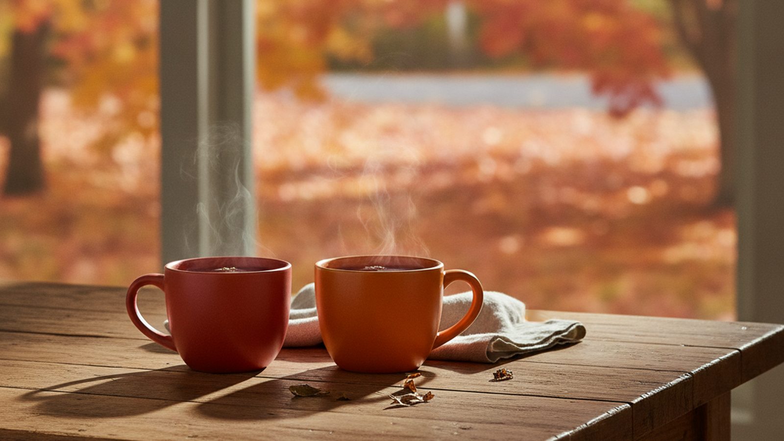 Two mugs of tea side by side on a wooden table by a window, with red and orange autumn maple leaves outside