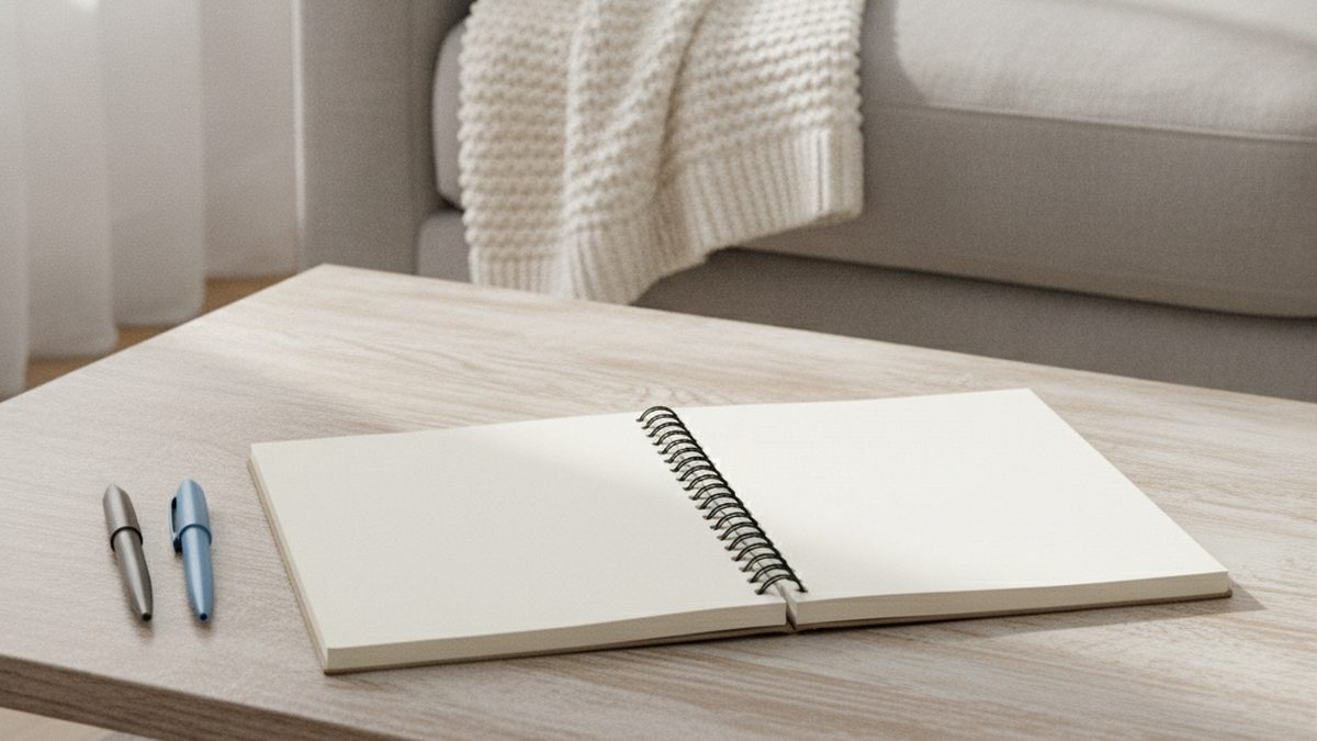 Open blank notepad and two pens on a light wooden coffee table in front of a grey sofa with a knitted throw